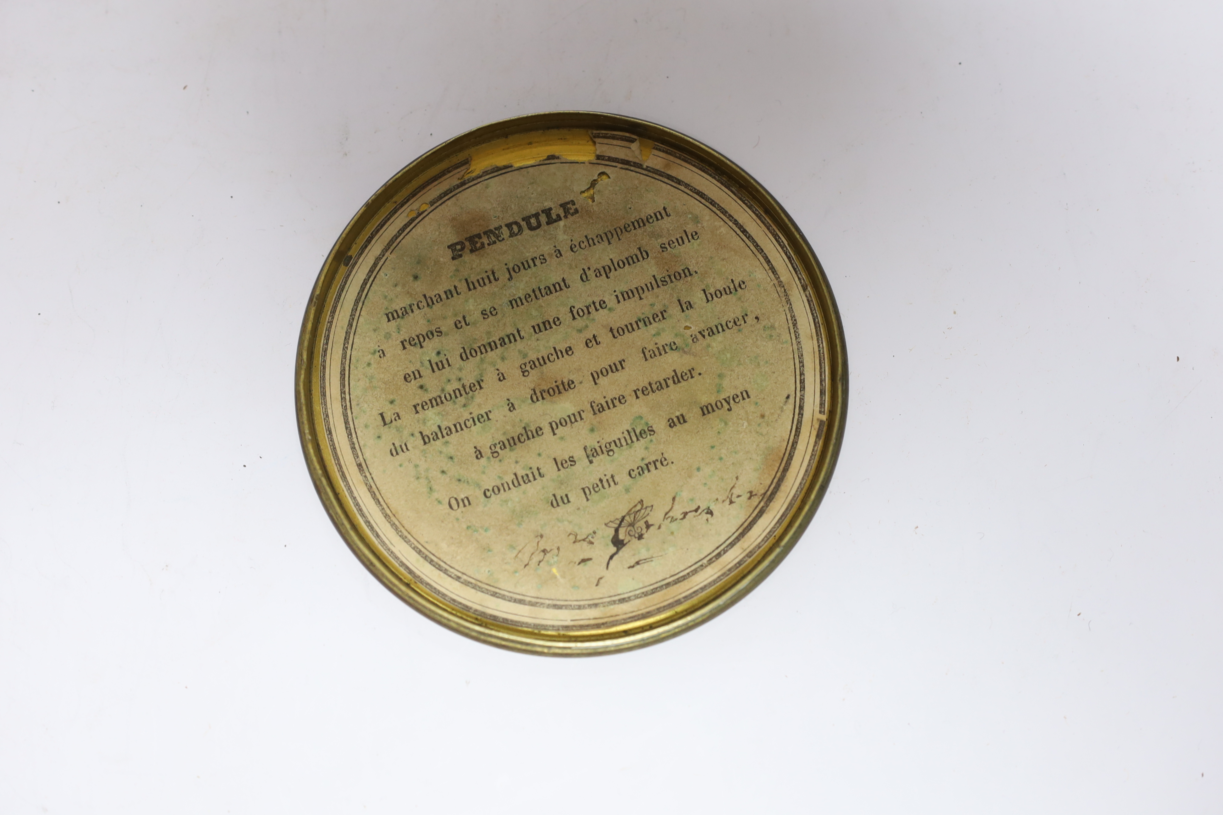 A late 19th century French timepiece in an ebonised drum case, 16cm